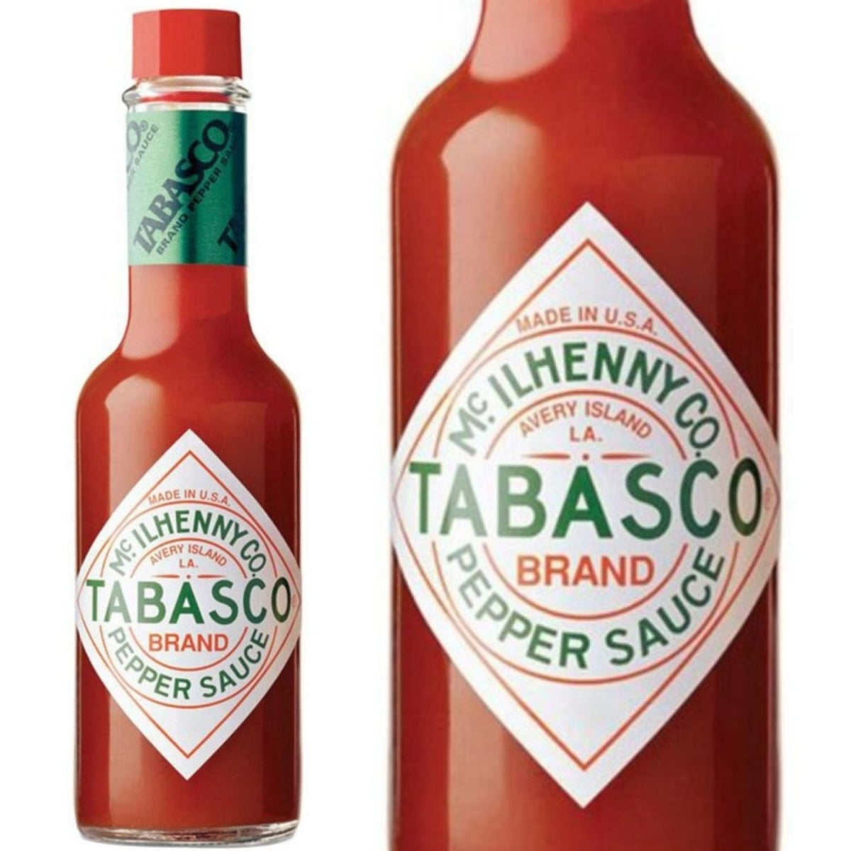 Frasco Tabasco de molho de pimenta ao lado de um detalhe ampliado do rótulo.
