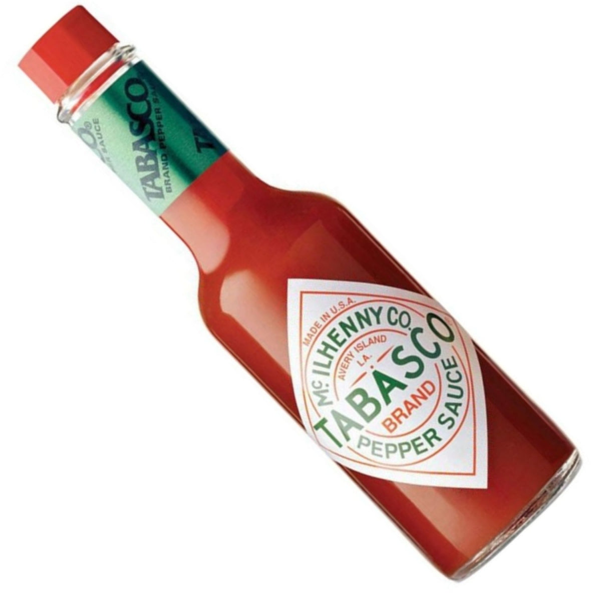Frasco de molho Tabasco inclinado, mostrando o rótulo frontal e a tampa vermelha.