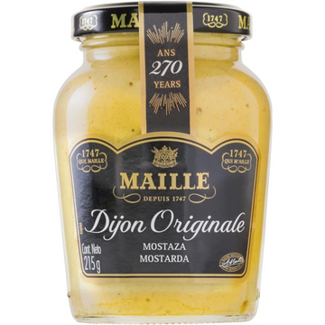 Pote de vidro de Mostarda Maille Dijon Original 215 g, com tampa preta e rótulo preto e dourado.