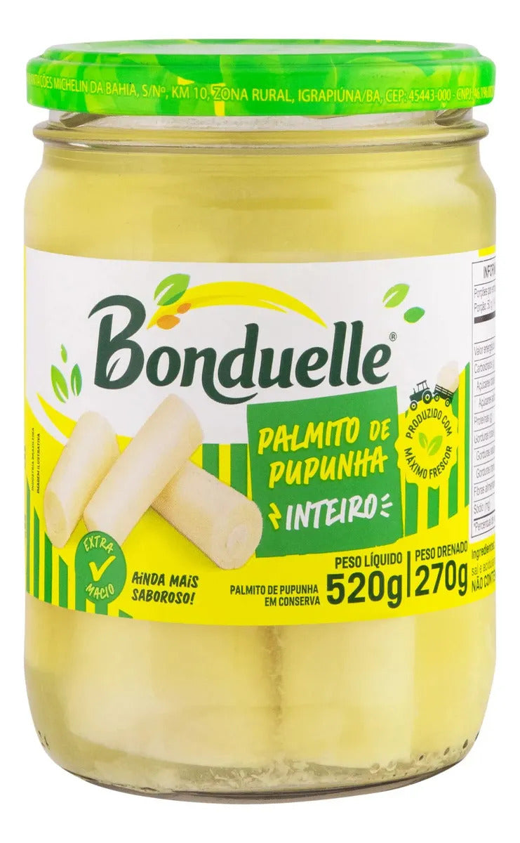 Pote de vidro de palmito pupunha inteiro Bonduelle, com rótulo frontal indicando 520 g e peso drenado de 270 g.