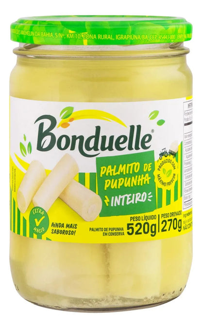 Pote de vidro de palmito pupunha inteiro Bonduelle, com rótulo frontal indicando 520 g e peso drenado de 270 g.