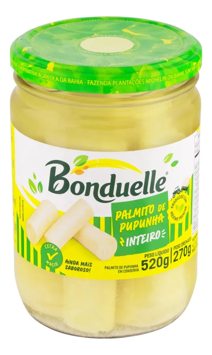 Pote de vidro do palmito de pupunha inteiro Bonduelle 520 g