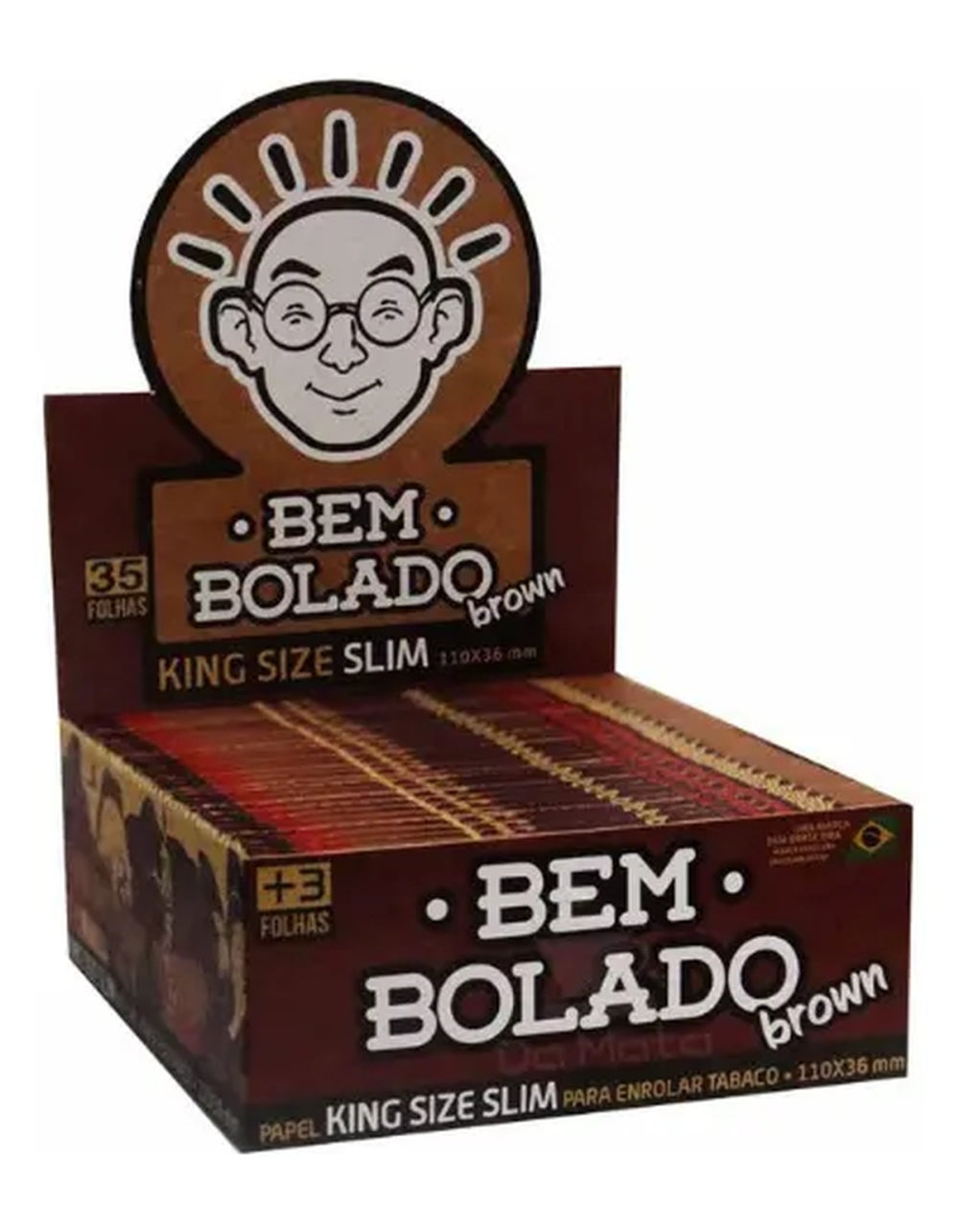 Caixa expositora de papel Bem Bolado Brown com livretos King Size Slim.