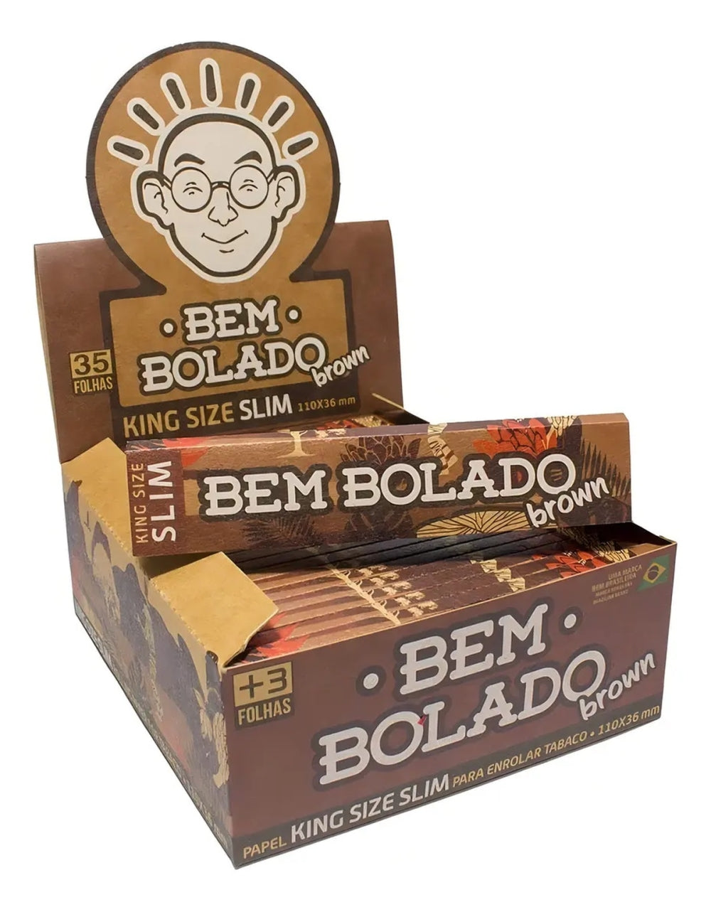 Expositor Bem Bolado Brown aberto, com livretos de papel King Size Slim.