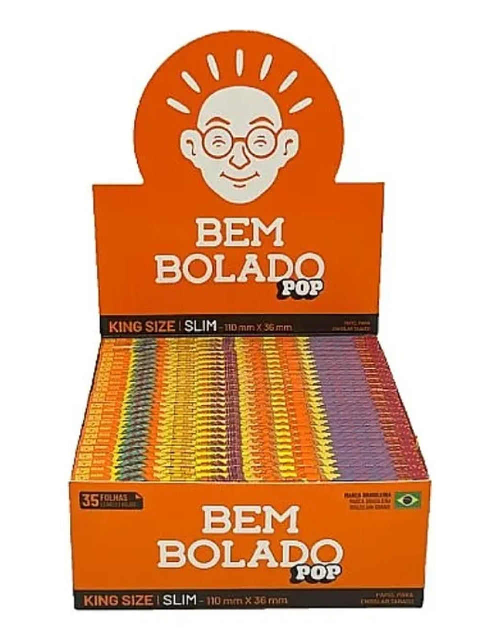 Display Bem Bolado Pop King Size Slim, com indicação de 35 folhas e medidas de 110 x 36 mm.