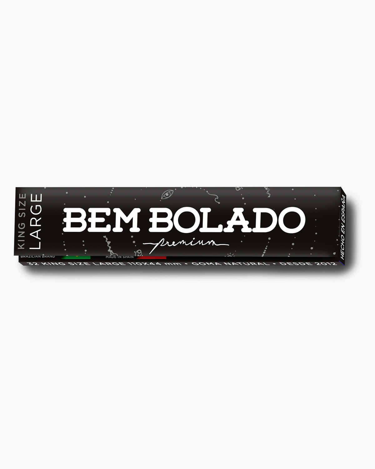 Livreto preto Bem Bolado Premium King Size Large, com indicação de 32 folhas, 110 x 44 mm e goma natural.