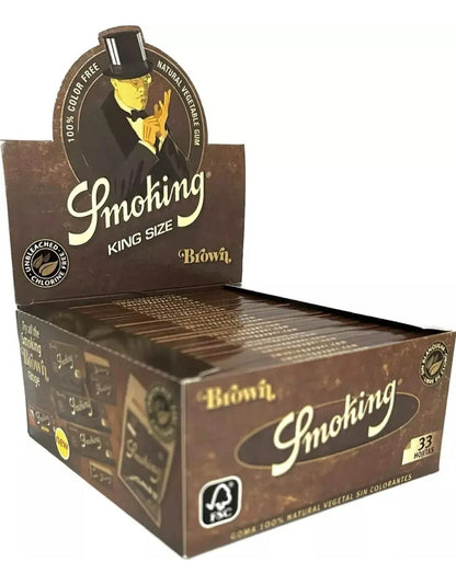 Display Smoking Brown King Size com livretos de papel marrom e indicação de 33 folhas por livreto.