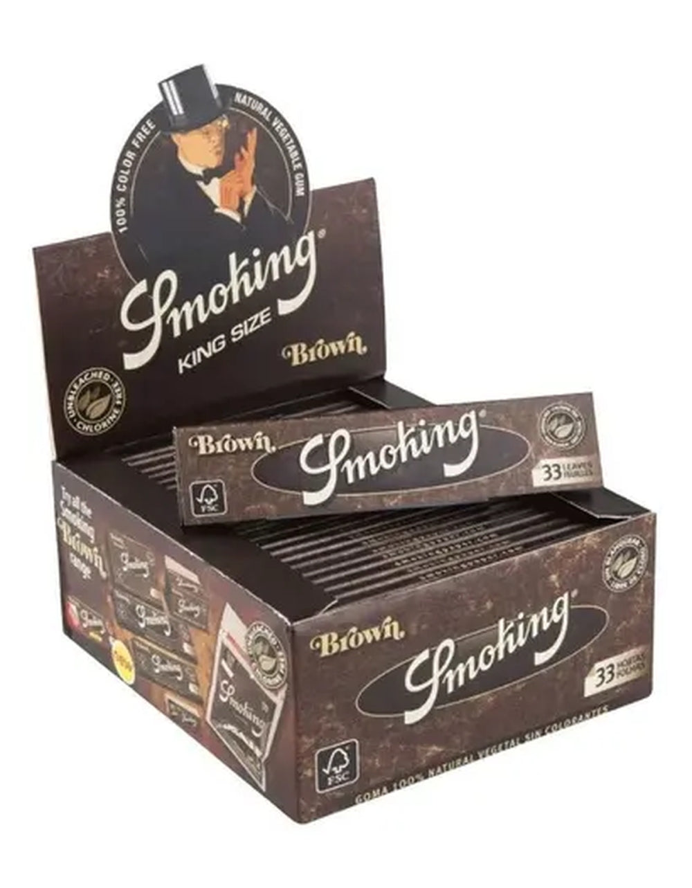 Caixa aberta de livretos Smoking Brown King Size com 33 folhas.