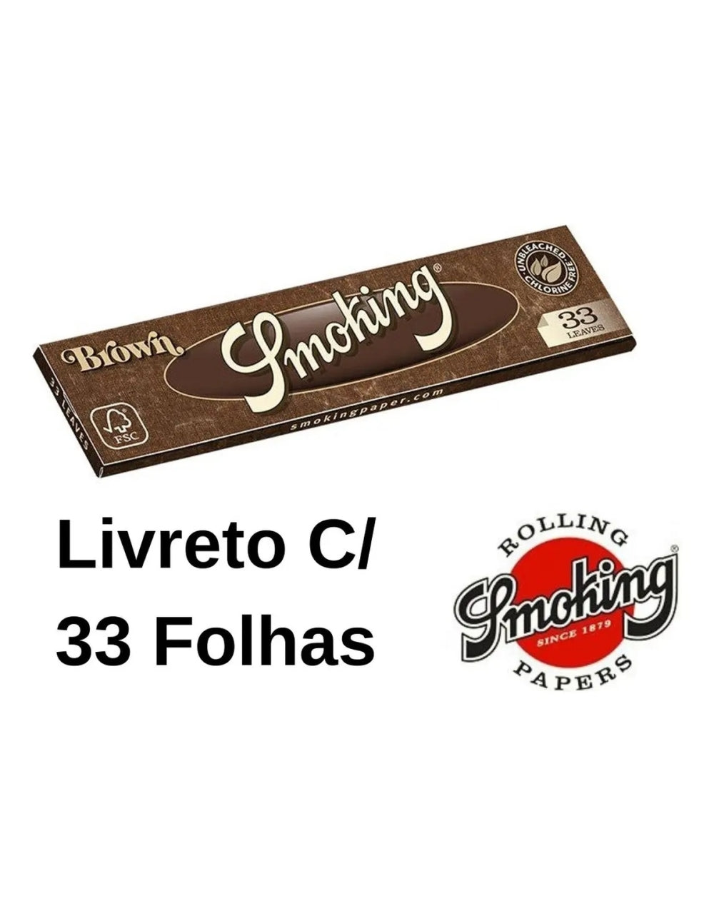 Livreto Smoking Brown com indicação de 33 folhas e símbolos impressos na embalagem.