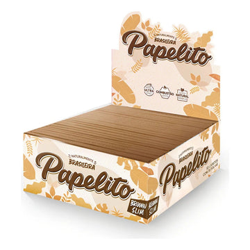 Display aberto Papelito Brown Slim com livretos de papel marrom.