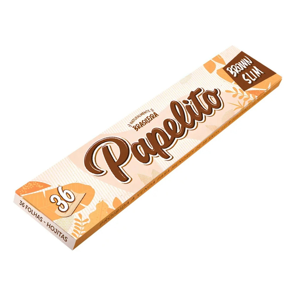 Livreto Papelito Brown Slim mostrando 36 folhas e a embalagem ilustrada.