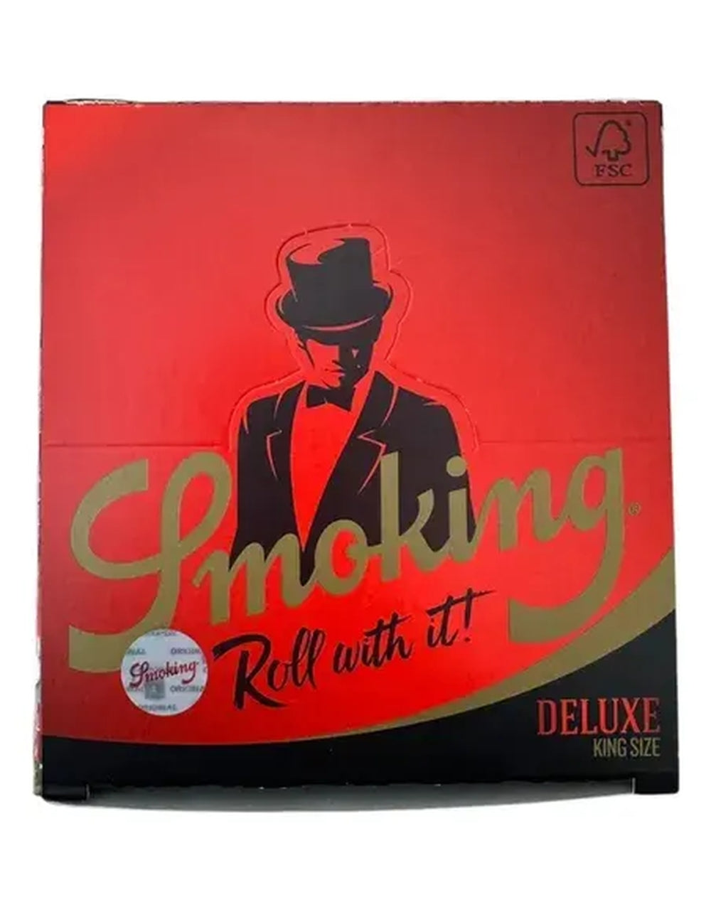 Parte frontal da caixa Smoking Deluxe King Size, vermelha, com indicação FSC.