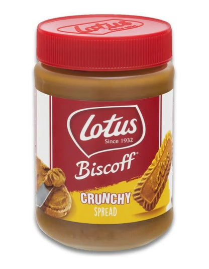 Pote Lotus Biscoff Crunchy Spread visto de frente, com tampa vermelha.