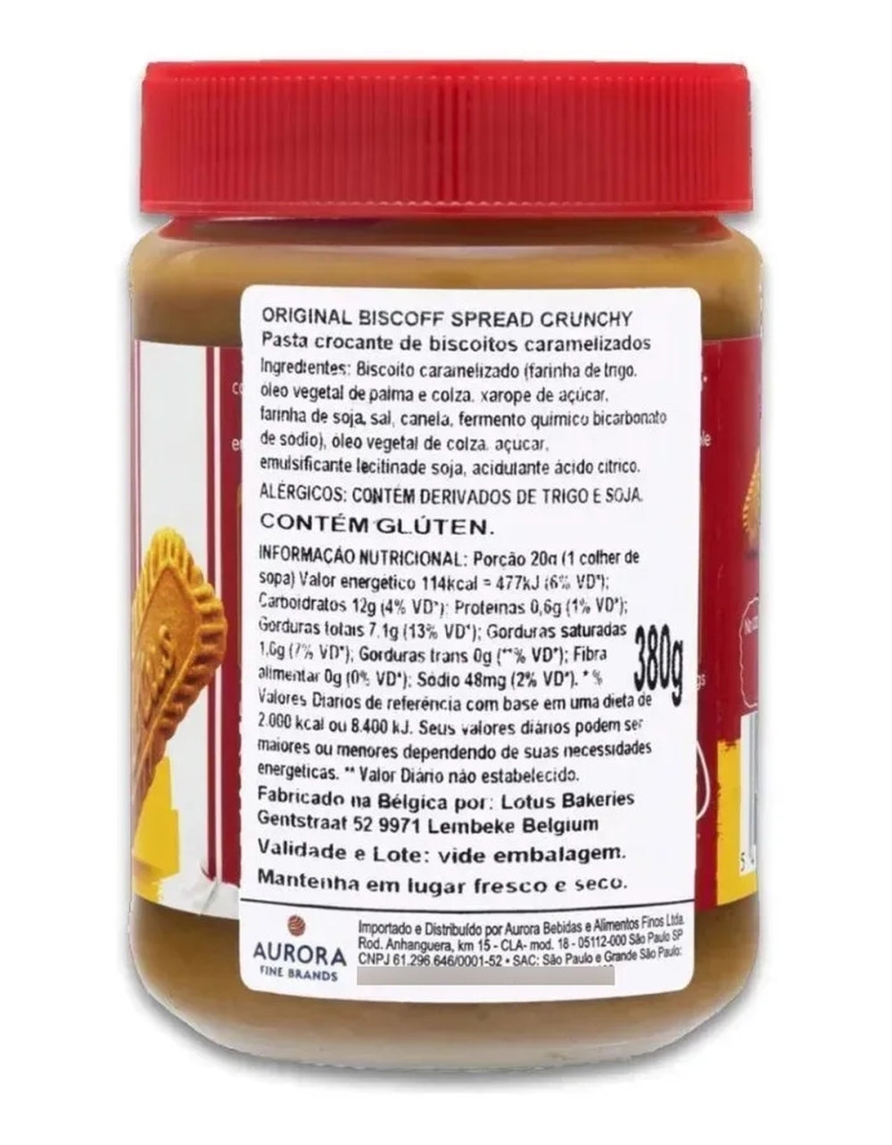 Verso do pote Lotus Biscoff Crunchy com ingredientes, informação nutricional e peso de 380 g.
