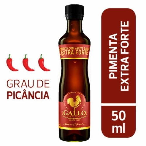 Frasco de molho de pimenta Gallo Extra Forte 50 ml, com indicação de grau de picância.