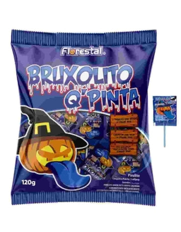Embalagem de 120 g do pirulito Florestal Bruxolito Q'Pinta com ilustração de abóbora e pirulito individual ao lado.