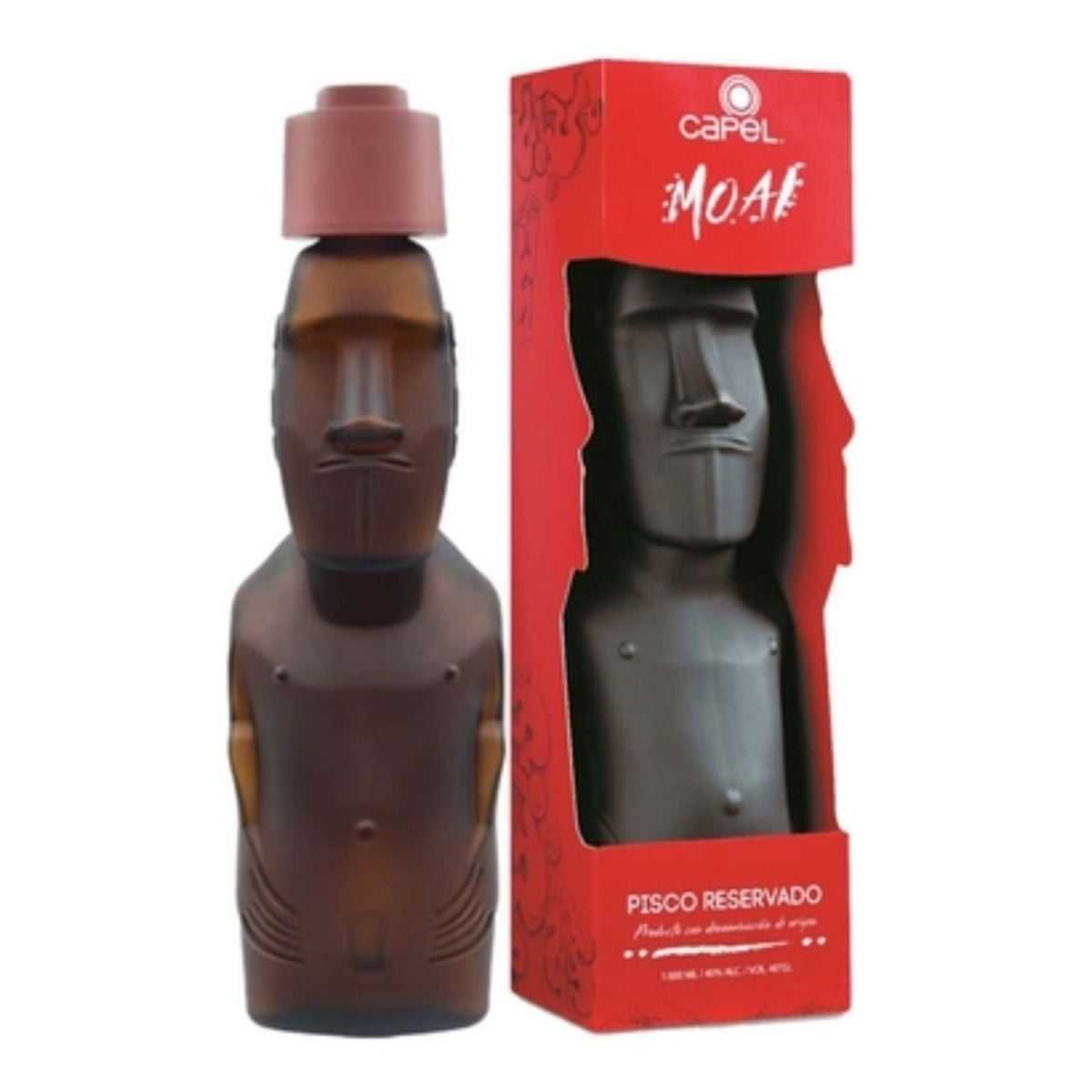 Garrafa Capel Moai Reservado em formato de moai ao lado da embalagem vermelha temática.