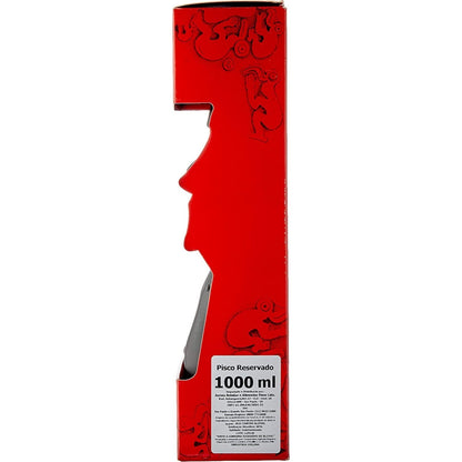 Lateral da embalagem vermelha Capel Moai com rótulo indicando Pisco Reservado e 1000 ml.