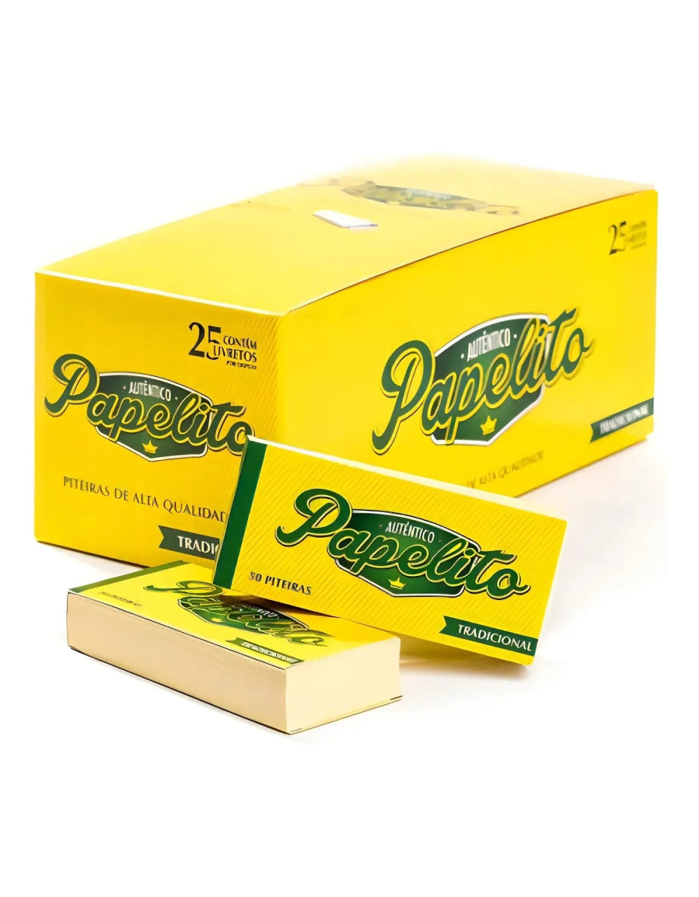 Caixa Papelito Tradicional ao lado de livretos com 50 piteiras
