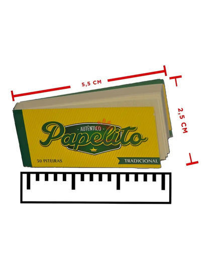 Livreto Papelito Tradicional com indicação de medidas de 5,5 x 2,5 cm
