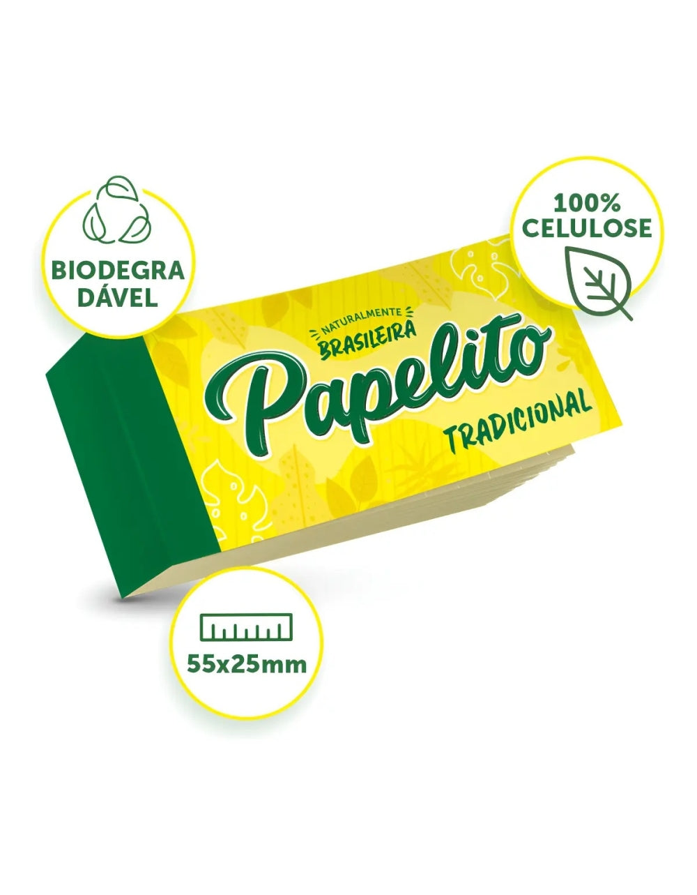 Embalagem Papelito Tradicional informa 100% celulose, biodegradável e medida 55 x 25 mm