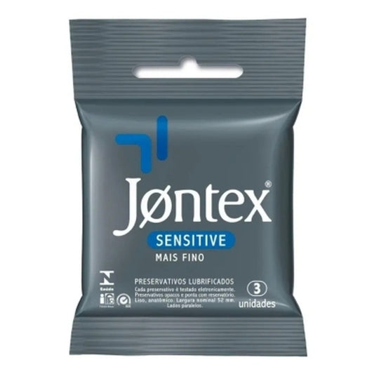 Pacote cinza de preservativos Jontex Sensitive Mais Fino, com indicação de 3 unidades.