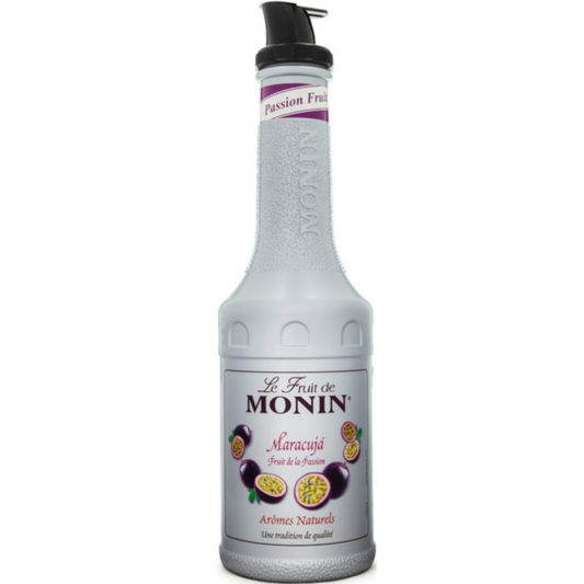 Garrafa Monin de purê de maracujá com bico dosador preto