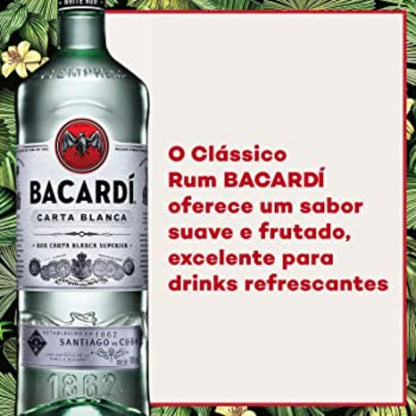 Imagem promocional do rum Bacardi Carta Blanca com texto sobre sabor suave e frutado para drinks refrescantes