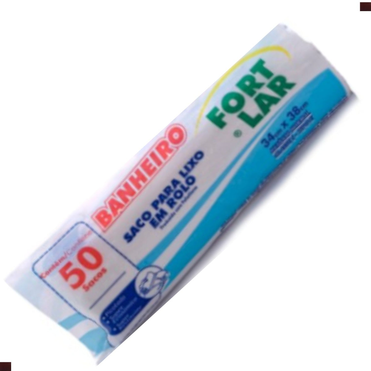 Embalagem Fort Lar de saco para lixo de banheiro com 50 unidades; indica medidas de 34 x 38 cm.