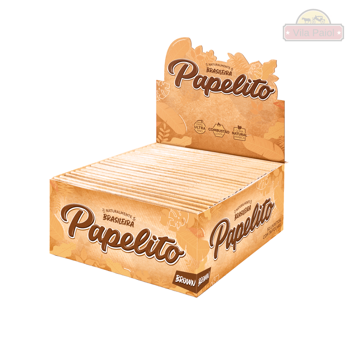 Caixa expositora Papelito Brown King Size com livretos em tons de marrom e laranja.