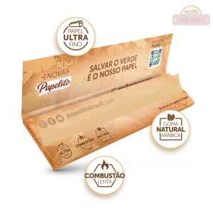 Livreto Papelito aberto com indicações de papel ultra fino, combustão lenta e goma arábica natural.