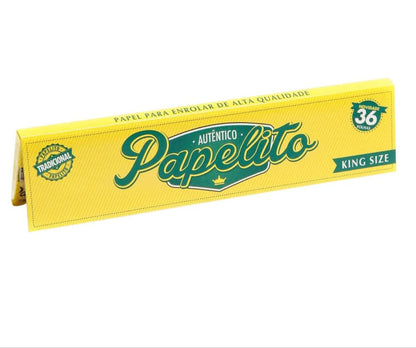 Livreto amarelo Papelito Tradicional King Size; embalagem destaca 36 folhas.