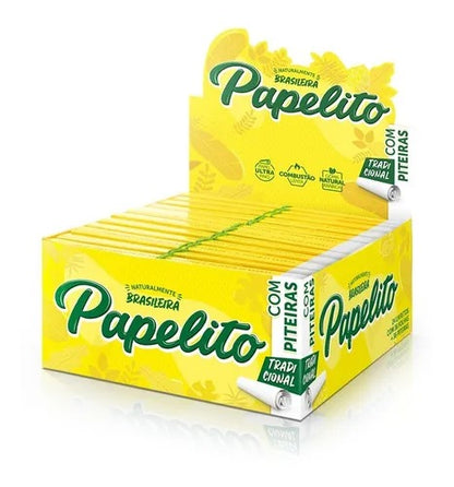 Foto frontal do display amarelo Papelito Tradicional com piteiras.