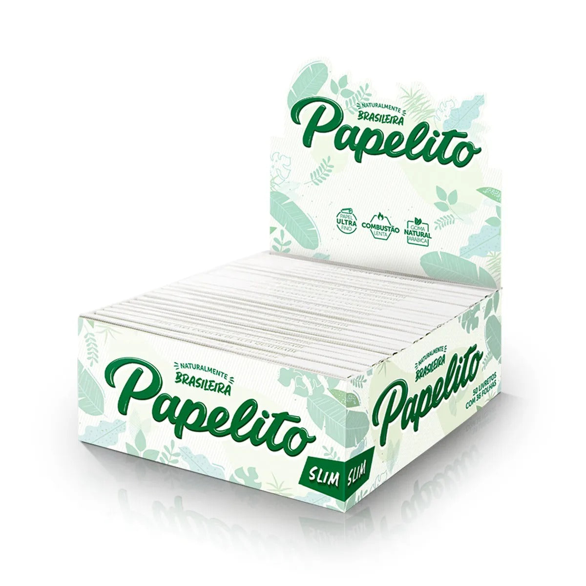 Display aberto de papel de enrolar Papelito Slim King Size com livretos na caixa