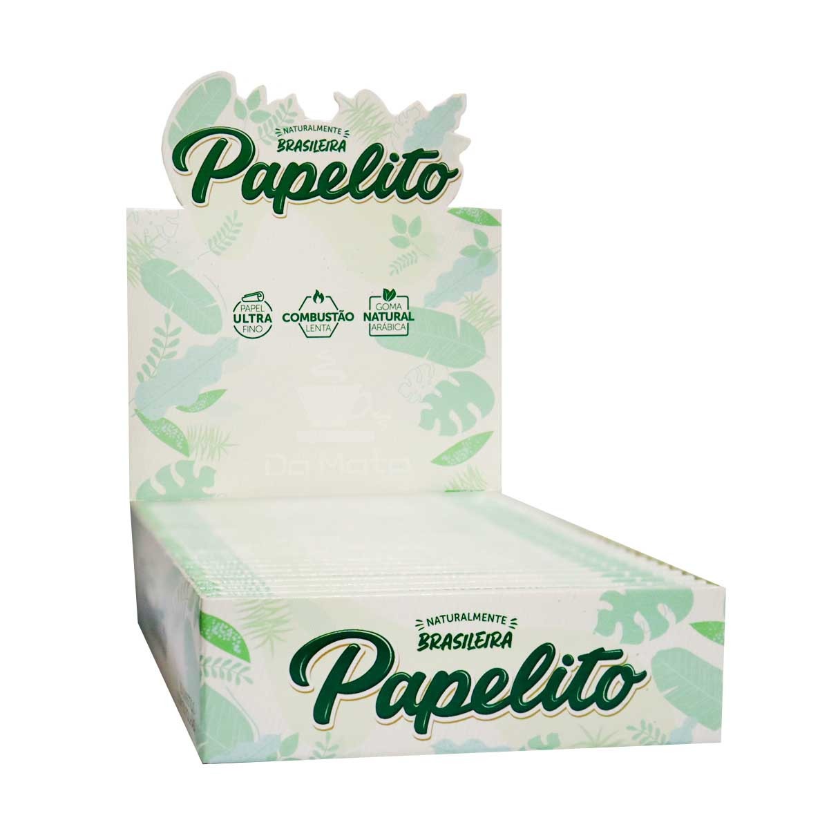 Vista frontal do display Papelito com indicação de papel ultrafino, combustão lenta e goma arábica natural