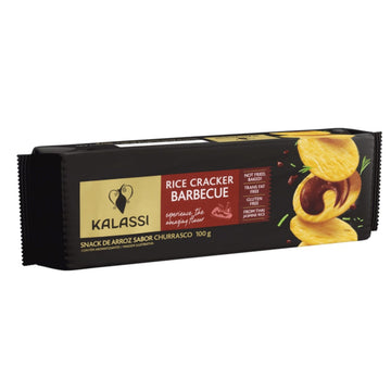 Frente da embalagem preta do snack de arroz Kalassi sabor churrasco, 100 g
