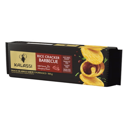 Embalagem frontal do snack de arroz Kalassi sabor churrasco Rice Cracker Barbecue 100 g