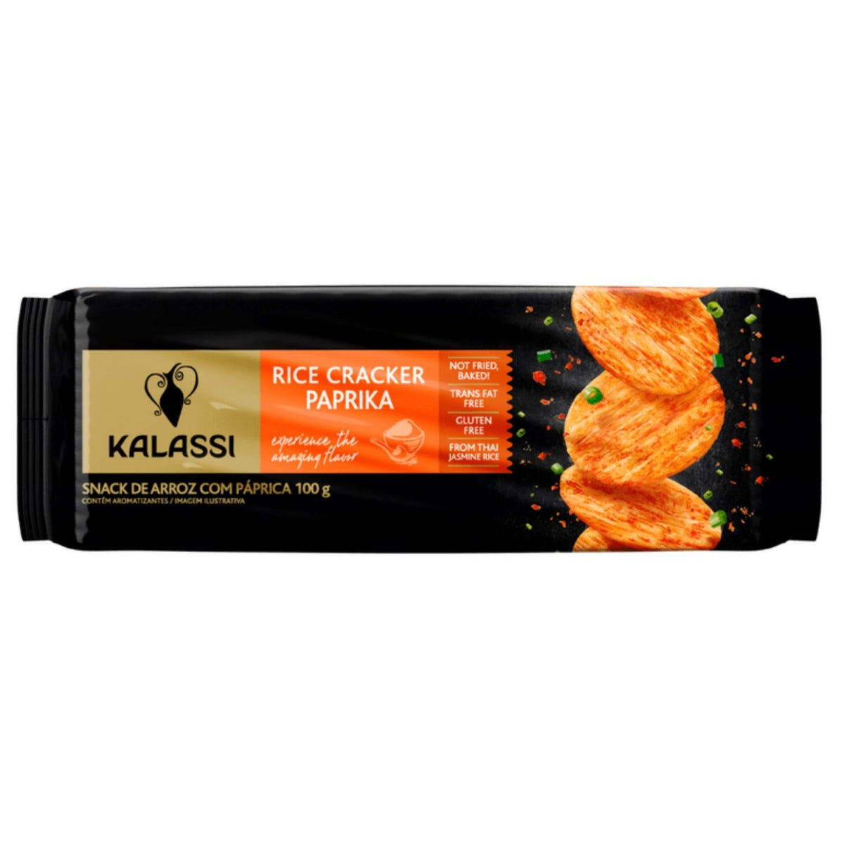 Pacote preto do snack de arroz Kalassi com páprica, visto de frente, embalagem de 100 g.