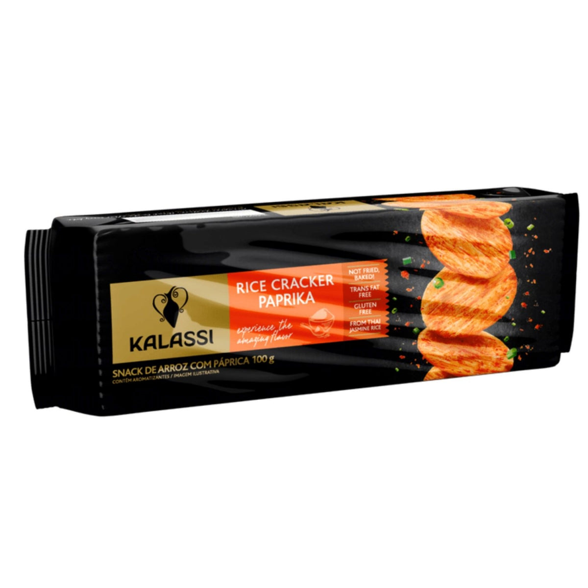 Pacote Kalassi de snack de arroz com páprica em perspectiva, mostrando a frente e a lateral.
