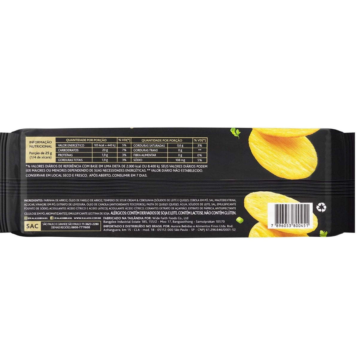 Parte traseira da embalagem com tabela nutricional, ingredientes e informações do snack de arroz Kalassi.