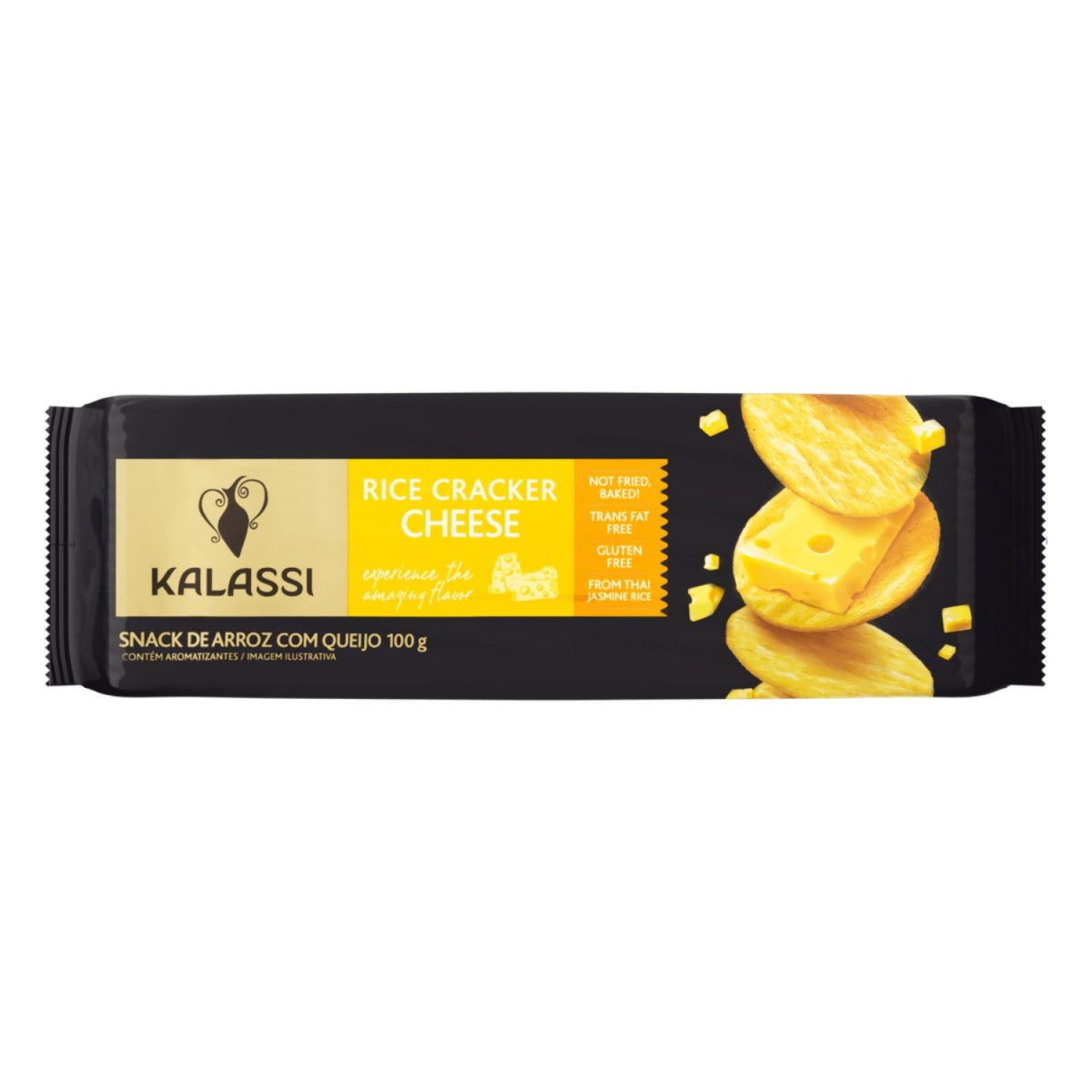 Vista frontal da embalagem Kalassi Rice Cracker Cheese, snack de arroz sabor queijo de 100 g.