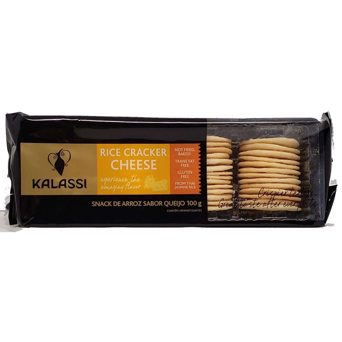 Embalagem do snack de arroz Kalassi com uma janela transparente mostrando os biscoitos empilhados.