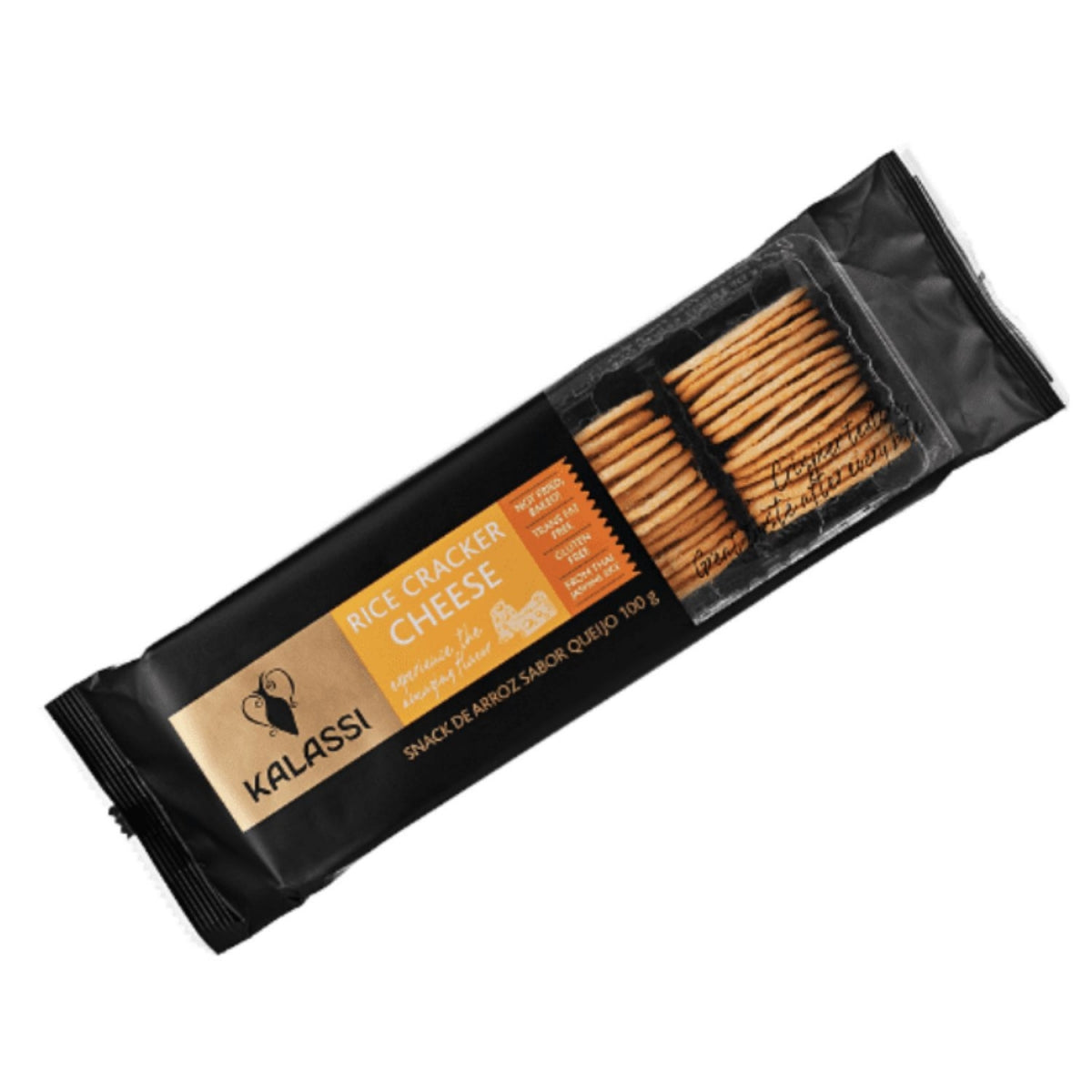 Embalagem individual Kalassi de snack de arroz sabor queijo, vista em diagonal com os biscoitos visíveis.