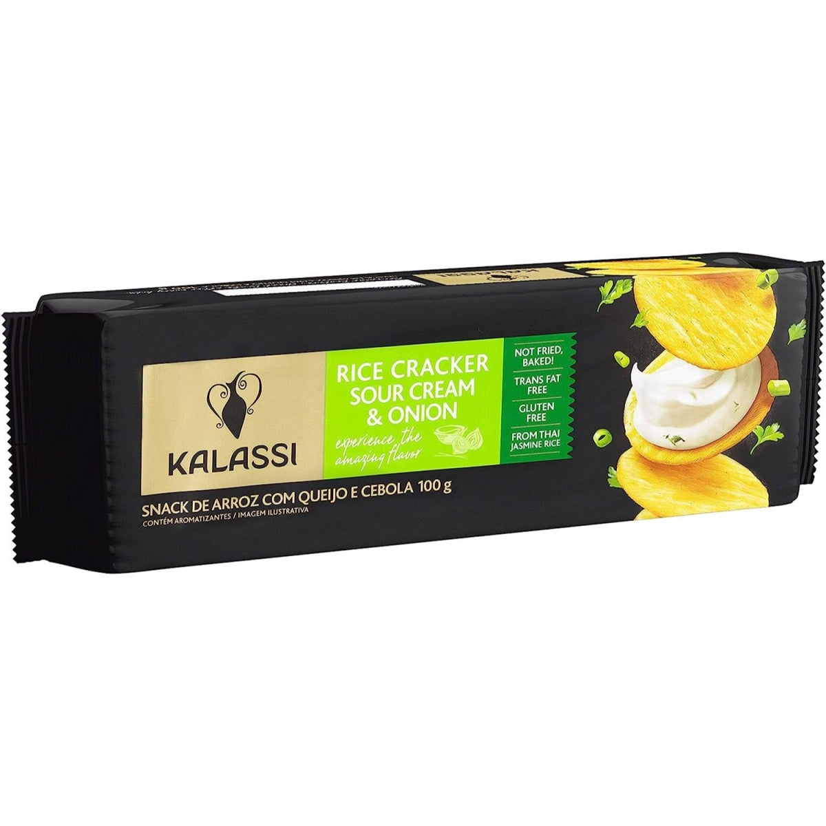 Pacote preto de Snack de Arroz Kalassi sabor sour cream e cebola, 100 g; embalagem destaca que é assado e sem glúten.