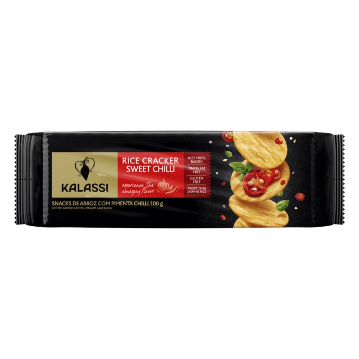 Frente do pacote preto de snack de arroz Kalassi Sweet Chilli 100 g, com crackers e pimenta.