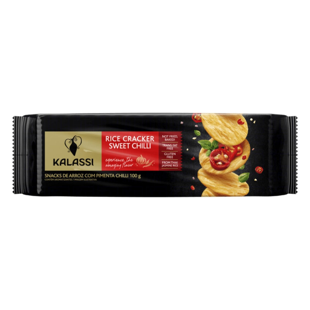 Vista frontal do pacote Kalassi de snack de arroz sabor Sweet Chilli, com indicação de 100 g.
