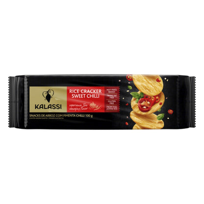 Vista frontal do pacote Kalassi de snack de arroz sabor Sweet Chilli, com indicação de 100 g.