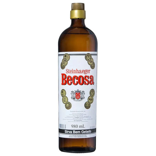 Garrafa âmbar de Steinhaeger Becosa com rótulo branco, tampa dourada e indicação de 980 mL.