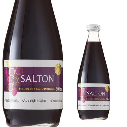 Detalhe do rótulo do suco Salton, com indicação de suco integral, sem adição de açúcar e sem conservantes.