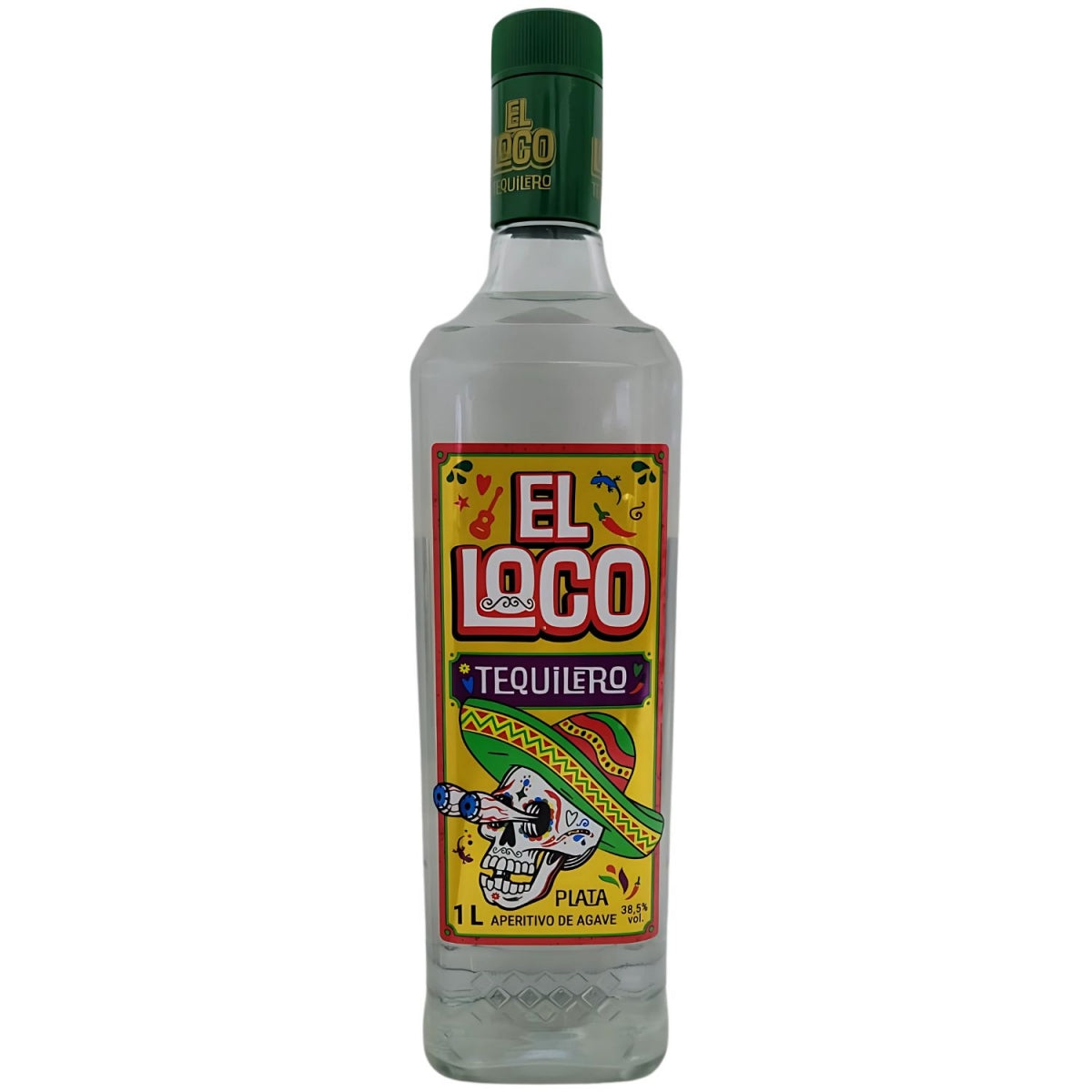 Garrafa transparente de Tequila El Loco Plata com tampa verde e rótulo colorido.